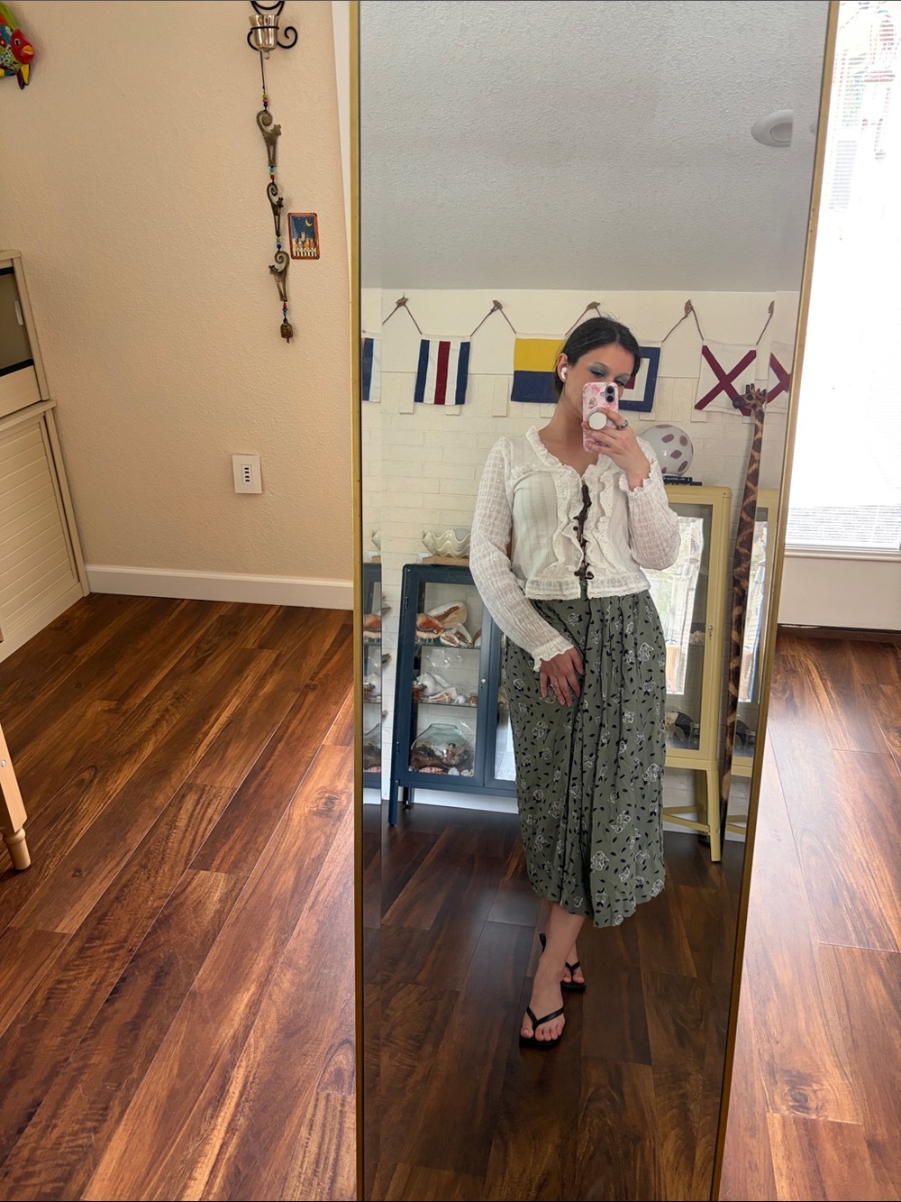 Vintage Jones New York Olive Green Floral Printed Midi Skirt - Women's
